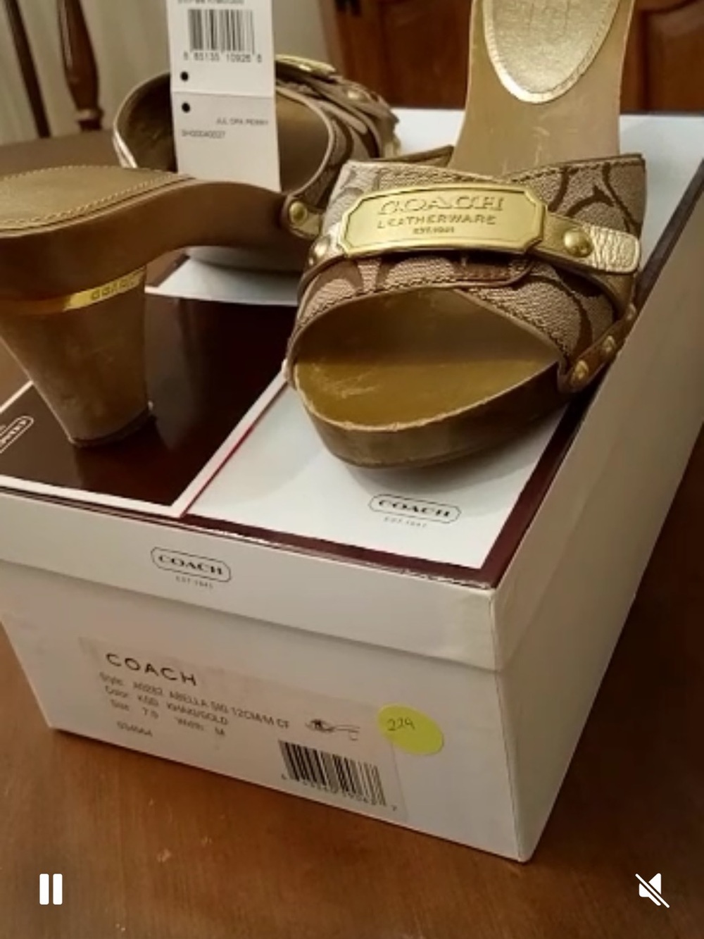 Coach Signature Abella Brown/Tan Logo Platform Slide Sandals with Gold Plaque
